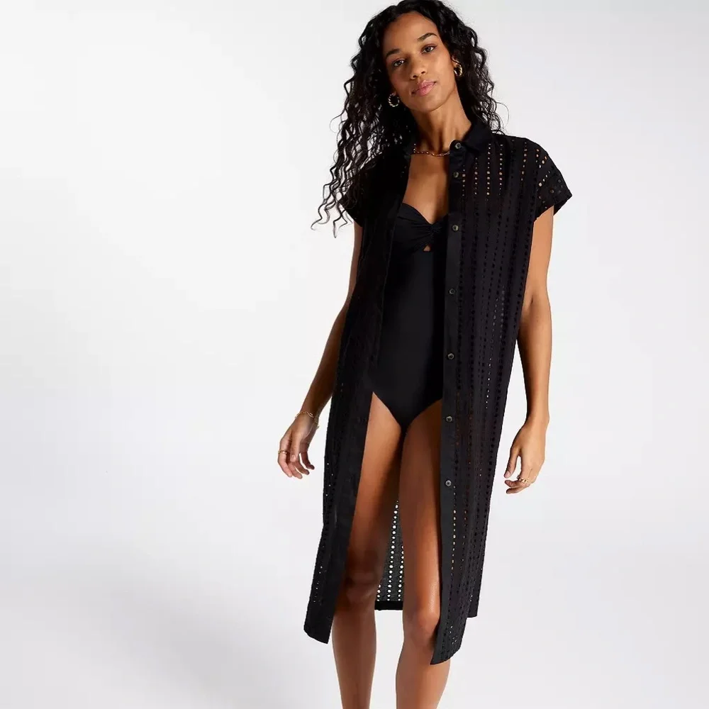 NWT CALIA Women's Extended Sleeve Button Down Swim Cover Up BLACK ya - Picture 1 of 9